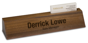 Solid Wood Desk Name Plates - 10-1/2" x 2" Genuine Walnut with Business Card Holder