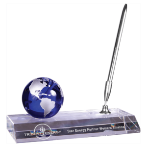 Glass & Crystal Desk Name Plates - 7" x 3" Blue Crystal Globe w/Base & Pen