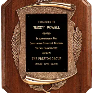 Solid Walnut w/Scroll Frame Casting, Notched Corner Premium Plaque