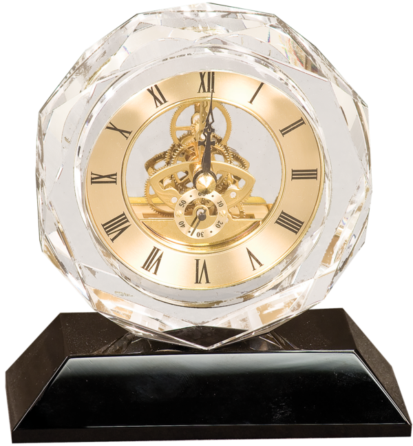 Desk Clock - Crystal w/Black Base & Exposed Mechanics