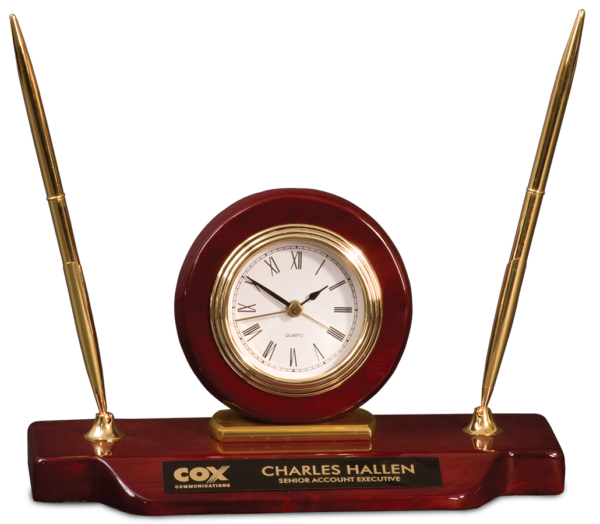 Desk Clock - Rosewood Piano Finish w/2 Pens