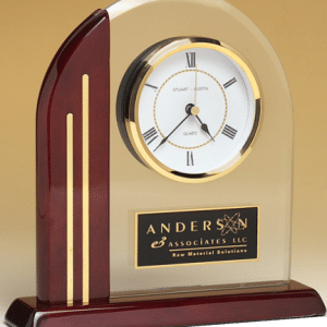 Desk Clock - Rosewood Piano Finish Wood Base w/Arch Glass Upright