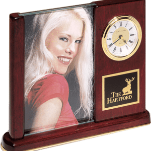Desk Clock - Rosewood Piano Finish w/Glass Picture Frame Clock
