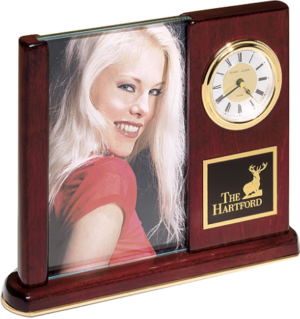 Desk Clock - Rosewood Piano Finish w/Glass Picture Frame Clock