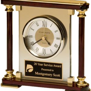 Desk Clock - Rosewood Piano Finish Columns w/Glass Clock