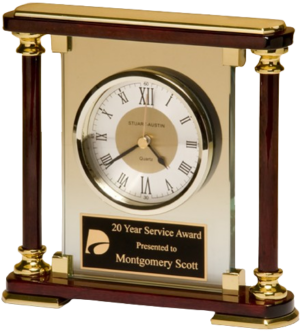 Desk Clock - Rosewood Piano Finish Columns w/Glass Clock