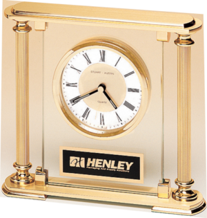 Desk Clock - Gold Metal Columns w/Glass Clock