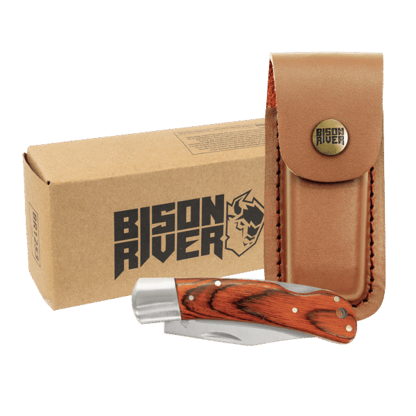 Bison River Wood Folding Knife w/Leather Sheath