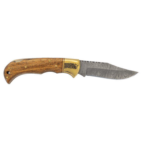 Bison River Wood Folding Knife with Damascus Steel Blade - Image 2