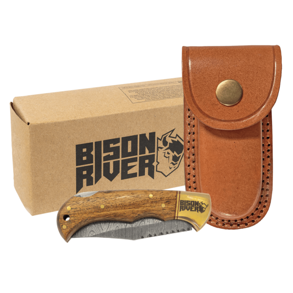 Bison River Wood Folding Knife with Damascus Steel Blade