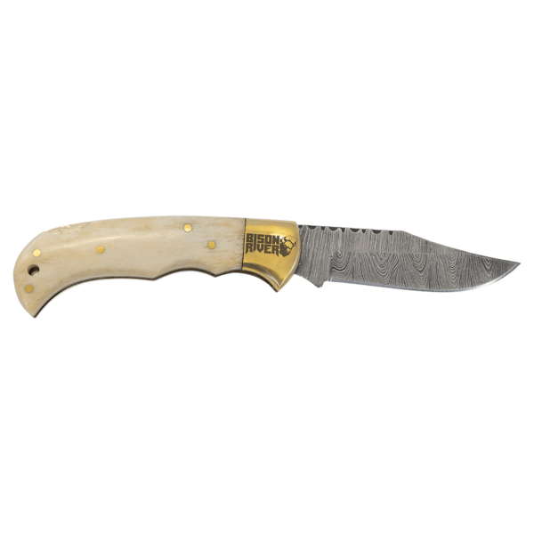 Bison River Damascus Steel Blade Bone Folding Knife - Image 2