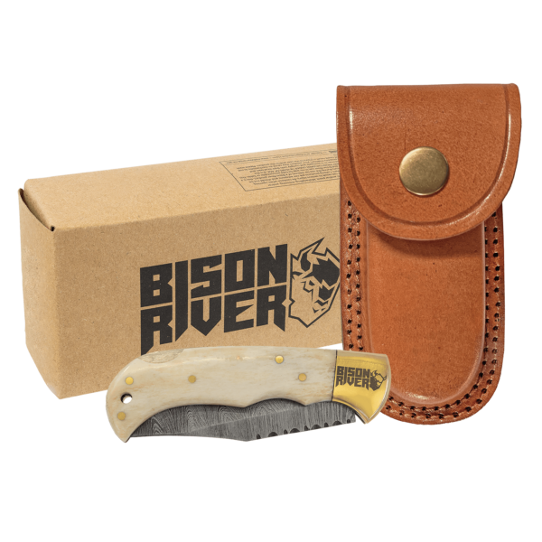 Bison River Damascus Steel Blade Bone Folding Knife