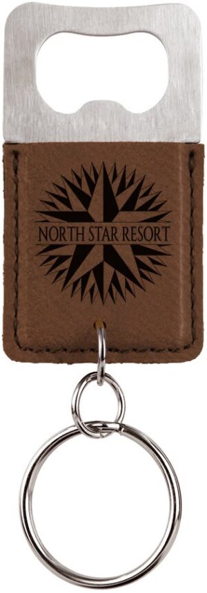 Bottle Opener - Leatherette Grip with Keychain - Dark Brown, Squared