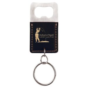 Bottle Opener - Leatherette Grip with Keychain - Black/Gold, Squared