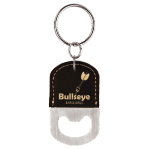 Bottle Opener - Leatherette Grip with Keychain - Black/Gold, Rounded