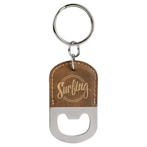 Bottle Opener - Leatherette Grip with Keychain - Rustic/Gold, Rounded