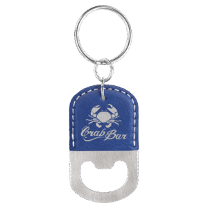 Bottle Opener - Leatherette Grip with Keychain - Blue/Silver, Rounded