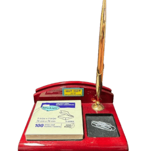 Business Card Holder - Rosewood Piano Finish Desk Holder w/Pen and Notepad